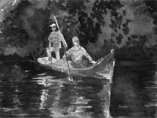 Finalmente, o velho barqueiro, segurando os dois remos, movimentou-os ao mesmo tempo... ...e o barco, impulsionado por ambos os lados, navegou através das águas do lago, chegando calmamente à outra margem. 