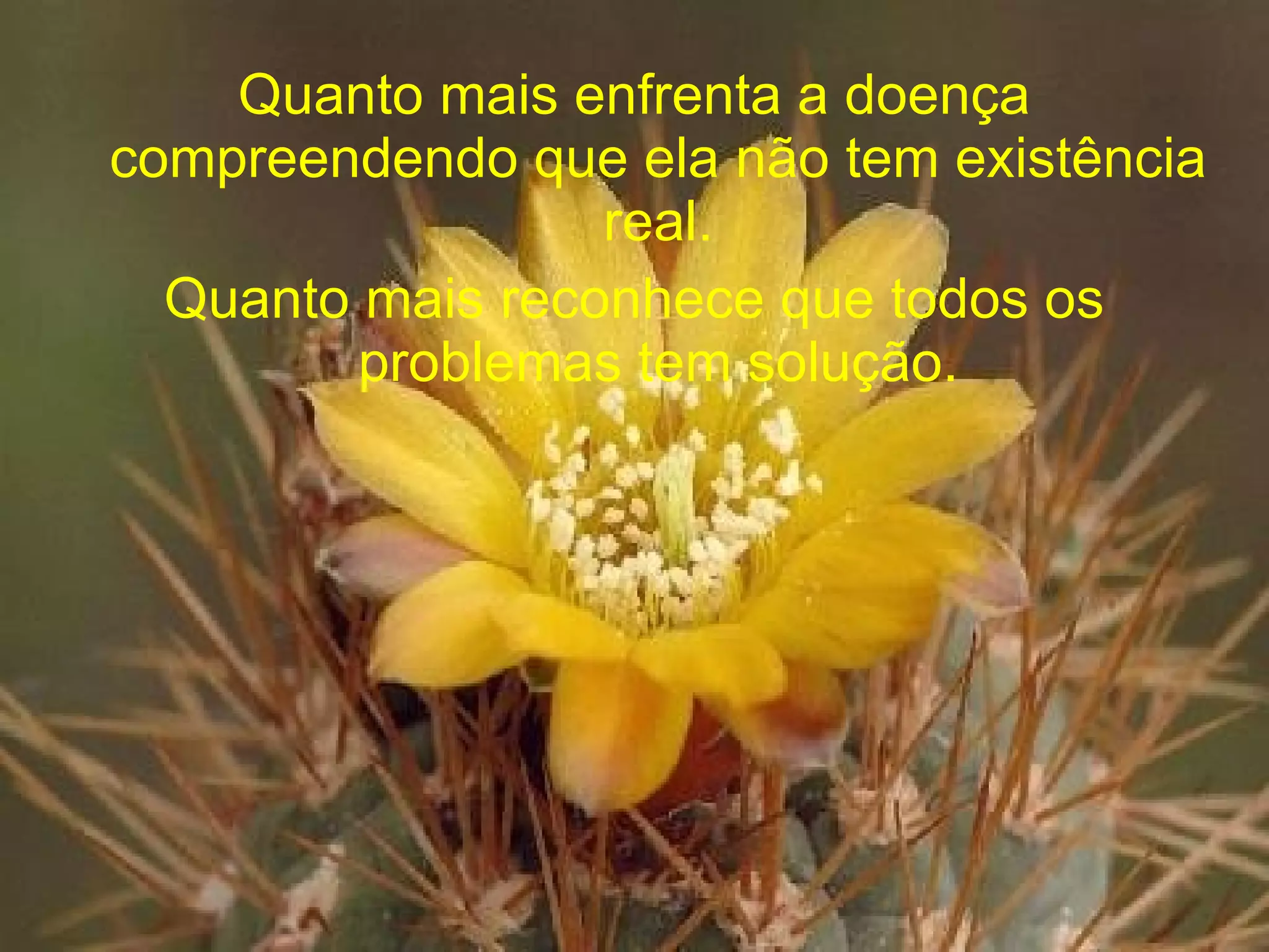 Quanto mais enfrenta a doença compreendendo que ela não tem existência real. Quanto mais reconhece que todos os problemas tem solução.