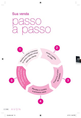 Sua venda
passo
a passo
Entregueopedidopara
a primeira caixa
depedido
Anote o ped
ido
Mostre
o
folheto impresso
oclienteereceba
Receba e con ra
Preenchaafolha
no talão
ouenvi
e
o
folheto virtual
opagamento
par
a
seu cliente
1
2
3
4
5
16
Acredite.indd 16 4/1/13 5:20 PM
 