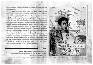 YOUNG $TEVE KING *inspirado nas aulas de
Filosoﬁa Política do professor Zé Luiz do IFAC - UFOP
Revisão: Ariane Albergaria
cuidadocomestevao@gmail.com | @YoungOGSteveKing
Rosa Egipcíaca
AULA
na sala de
FANZINE
11.12.2018
ilustra: Rômulo Ferreira (mont. sobre foto do autor do texto)
hierarquizada indelevelmente, incapaz de ordenar seu
própriorumo.
Abra os olhos, meu bem, seja bem vinda, já que
brotou aqui. Comece a caminhada pelo jardim, veja as ﬂores
e acaricie os gatinhos. Conﬁe nos cães e seja atenta com o
trabalho das formigas. Veja a multiplicidade das gestações e
ciclos de vida. Os bichinhos de estimação também morrem,
não conceituam a palavra justiça, mas são leais. Grite seus
nomes, construa lembranças e se realize na experiência. Não
tenha relógio enquanto puder e seja sua prioridade.
Descubra o amor e tenha coragem. A natureza guarda a
beleza e passa sempre maior do que nós. Estará presente
mesmo quando formos embora. Esteja de passagem por
onde for e tenha um lar para retornar. Que não seja aﬂigida
pela fome duradoura e consiga envelhecer. Contemple mais
do que uma ﬁlosoﬁa, comunique suas questões, procure a
verdade e cometa seus crimes, quiçá terá um juízo
condizentecomoquefezdeti,minhaﬁlhaRosa.
 