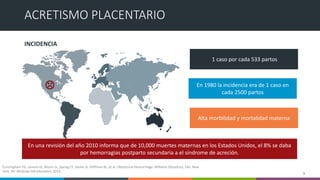 ACRETISMO PLACENTARIO
3
INCIDENCIA
1 caso por cada 533 partos
En 1980 la incidencia era de 1 caso en
cada 2500 partos
En una revisión del año 2010 informa que de 10,000 muertes maternas en los Estados Unidos, el 8% se daba
por hemorragias postparto secundaria a el síndrome de acreción.
Alta morbilidad y mortalidad materna
Cunningham FG, Leveno KJ, Bloom SL, Spong CY, Dashe JS, Hoffman BL, et al. Obstetrical Hemorrhage. Williams Obstetrics, 24e. New
York, NY: McGraw-Hill Education; 2013.
 