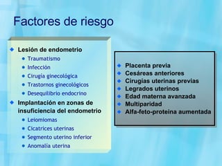 Factores de riesgo Placenta previa Cesáreas anteriores Cirugías uterinas previas Legrados uterinos Edad materna avanzada Multiparidad Alfa-feto-proteina aumentada Lesión de endometrio Traumatismo Infección Cirugía ginecológica Trastornos ginecológicos  Desequilibrio endocrino Implantación en zonas de insuficiencia del endometrio Leiomiomas Cicatrices uterinas Segmento uterino inferior Anomalía uterina 