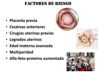 Factores de riesgo


•   Placenta previa
•   Cesáreas anteriores
•   Cirugías uterinas previas
•   Legrados uterinos
•   Edad materna avanzada
•   Multiparidad
•   Alfa-feto-proteina aumentada
 
