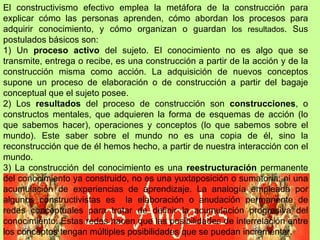 El constructivismo efectivo emplea la metáfora de la construcción para explicar cómo las personas aprenden, cómo abordan los procesos para adquirir conocimiento, y cómo organizan o guardan  los resultados . Sus postulados básicos son: 1) Un  proceso activo  del sujeto. El conocimiento no es algo que se transmite, entrega o recibe, es una construcción a partir de la acción y de la construcción misma como acción. La adquisición de nuevos conceptos supone un proceso de elaboración o de construcción a partir del bagaje conceptual que el sujeto posee. 2) Los  resultados  del proceso de construcción son  construcciones , o constructos mentales, que adquieren la forma de esquemas de acción (lo que sabemos hacer), operaciones y conceptos (lo que sabemos sobre el mundo). Este saber sobre el mundo no es una copia de él, sino la reconstrucción que de él hemos hecho, a partir de nuestra interacción con el mundo. 3) La construcción del conocimiento es una  reestructuración  permanente del conocimiento ya construido, no es una yuxtaposición o sumatoria; ni una acumulación de experiencias de aprendizaje. La analogía empleada por algunos constructivistas es  la elaboración o anudación permanente de redes conceptuales para tratar de definir la acumulación progresiva del conocimiento. Estas redes hacen que las posibilidades de interrelación entre los conceptos tengan múltiples posibilidades que se puedan incrementar. 
