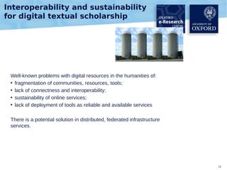 Interoperability and sustainability
for digital textual scholarship

Well-known problems with digital resources in the humanities of:
• fragmentation of communities, resources, tools;
• lack of connectness and interoperability;
• sustainability of online services;
• lack of deployment of tools as reliable and available services
There is a potential solution in distributed, federated infrastructure
services.

15

 