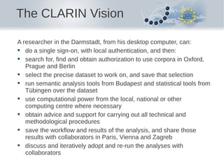 The CLARIN Vision
A researcher in the Darmstadt, from his desktop computer, can:
 do a single sign-on, with local authentication, and then:
 search for, find and obtain authorization to use corpora in Oxford,
Prague and Berlin
 select the precise dataset to work on, and save that selection
 run semantic analysis tools from Budapest and statistical tools from
Tübingen over the dataset
 use computational power from the local, national or other
computing centre where necessary
 obtain advice and support for carrying out all technical and
methodological procedures
 save the workflow and results of the analysis, and share those
results with collaborators in Paris, Vienna and Zagreb
 discuss and iteratively adopt and re-run the analyses with
collaborators

 