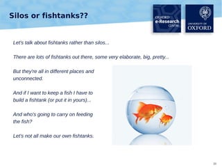 Silos or fishtanks??

Let's talk about fishtanks rather than silos...
There are lots of fishtanks out there, some very elaborate, big, pretty...
But they're all in different places and
unconnected.
And if I want to keep a fish I have to
build a fishtank (or put it in yours)...
And who's going to carry on feeding
the fish?
Let's not all make our own fishtanks.

20

 