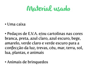 Material usado 
● Uma caixa 
● Pedaços de E.V.A. e/ou cartolinas nas cores 
branca, preta, azul claro, azul escuro, bege, 
amarelo, verde claro e verde escuro para a 
confecção da luz, trevas, céu, mar, terra, sol, 
lua, plantas, e animais 
● Animais de brinquedos 
 