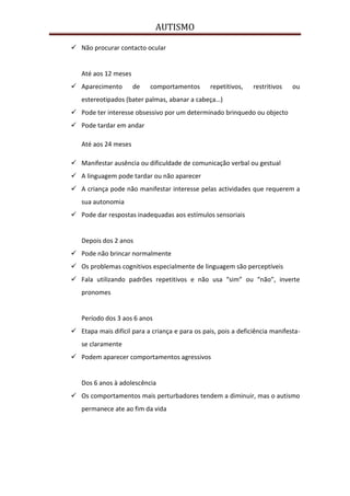 AUTISMO

 Não procurar contacto ocular


   Até aos 12 meses
 Aparecimento        de    comportamentos       repetitivos,   restritivos   ou
   estereotipados (bater palmas, abanar a cabeça…)
 Pode ter interesse obsessivo por um determinado brinquedo ou objecto
 Pode tardar em andar

   Até aos 24 meses

 Manifestar ausência ou dificuldade de comunicação verbal ou gestual
 A linguagem pode tardar ou não aparecer
 A criança pode não manifestar interesse pelas actividades que requerem a
   sua autonomia
 Pode dar respostas inadequadas aos estímulos sensoriais


   Depois dos 2 anos
 Pode não brincar normalmente
 Os problemas cognitivos especialmente de linguagem são perceptíveis
 Fala utilizando padrões repetitivos e não usa “sim” ou “não”, inverte
   pronomes


   Período dos 3 aos 6 anos
 Etapa mais difícil para a criança e para os pais, pois a deficiência manifesta-
   se claramente
 Podem aparecer comportamentos agressivos


   Dos 6 anos à adolescência
 Os comportamentos mais perturbadores tendem a diminuir, mas o autismo
   permanece ate ao fim da vida
 
