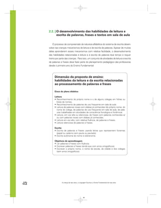 2.2. | O desenvolvimento das habilidades de leitura e
            escrita de palavras, frases e textos em sala de aula

         O processo de compreensão da natureza alfabética do sistema de escrita desen-
     volve nas crianças mecanismos de leitura e de escrita de palavras. Apesar de muitas
     delas aprenderem esses mecanismos com relativa facilidade, o desenvolvimento
     das habilidades relacionadas à leitura e à escrita de palavras leva tempo e requer
     treino por parte das crianças. Para isso, um conjunto de atividades de leitura e escrita
     de palavras e frases deve fazer parte do planejamento pedagógico das professoras
     desde o primeiro ano do Ensino Fundamental.



           Dimensão da proposta de ensino:
           habilidades da leitura e da escrita relacionadas
           ao processamento de palavras e frases

           Eixos do plano didático

           Leitura
             Reconhecimento do próprio nome e o de alguns colegas em ﬁchas ou
             listas de nomes.
             Reconhecimento de palavras de uso frequente em sala de aula.
             Leitura de palavras novas com sílabas já conhecidas (do próprio nome, do
             nome do colega, de palavras de uso frequente em sala de aula, de pala-
             vras trabalhadas em atividades de consciência fonológica e fonêmica).
             Leitura, em voz alta ou silenciosa, de frases com palavras conhecidas e/
             ou com palavras novas com sílabas já conhecidas.
             Leitura em voz alta, com relativa ﬂuência, de palavras e frases.
             Leitura silenciosa de palavras e frases.

           Escrita
             Escrita de palavras e frases usando letras que representem fonemas
             (papel ou caderno sem pauta ou pautado).
             Escrita autônoma do nome e sobrenome.

           Objetivos de aprendizagem
            Ler palavras e frases com ﬂuência;
            Escrever palavras e frases (ainda que com erros ortográﬁcos);
            Escrever o próprio nome, o nome da escola, da cidade e dos colegas
            (sem erros ortográﬁcos).




42                A criança de seis anos, a Linguagem Escrita e o Ensino Fundamental de nove anos




                                                 42
 