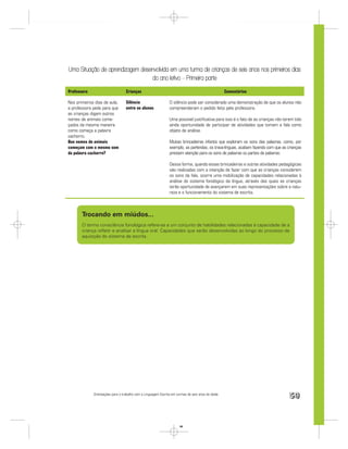Uma Situação de aprendizagem desenvolvida em uma turma de crianças de seis anos nos primeiros dias
                                 do ano letivo – Primeira parte
Professora                        Crianças                                                         Comentários

Nos primeiros dias de aula,       Silêncio                     O silêncio pode ser considerado uma demonstração de que os alunos não
a professora pede para que        entre os alunos.             compreenderam o pedido feito pela professora.
as crianças digam outros
nomes de animais come-                                         Uma possível justiﬁcativa para isso é o fato de as crianças não terem tido
çados da mesma maneira                                         ainda oportunidade de participar de atividades que tomam a fala como
como começa a palavra                                          objeto de análise.
cachorro.
Que nomes de animais                                           Muitas brincadeiras infantis que exploram os sons das palavras, como, por
começam com o mesmo som                                        exemplo, as parlendas, os trava-línguas, acabam fazendo com que as crianças
da palavra cachorro?                                           prestem atenção para os sons de palavras ou partes de palavras.

                                                               Dessa forma, quando essas brincadeiras e outras atividades pedagógicas
                                                               são realizadas com a intenção de fazer com que as crianças considerem
                                                               os sons da fala, ocorre uma mobilização de capacidades relacionadas à
                                                               análise do sistema fonológico da língua, através das quais as crianças
                                                               terão oportunidade de avançarem em suas representações sobre a natu-
                                                               reza e o funcionamento do sistema de escrita.



       Trocando em miúdos...
       O termo consciência fonológica refere-se a um conjunto de habilidades relacionadas à capacidade de a
       criança reﬂetir e analisar a língua oral. Capacidades que serão desenvolvidas ao longo do processo de
       aquisição do sistema de escrita.




             Orientações para o trabalho com a Linguagem Escrita em turmas de seis anos de idade
                                                                                                                                   59


                                                                      59
 