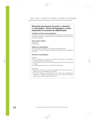 Veja, a seguir, o quadro dos conteúdos e Situações de aprendizagem
     propostos para o encaminhamento do plano de ensino em sala de aula:



         Dimensão da proposta de ensino: o desenho
         e a brincadeira - formas de linguagem a serem
         exploradas no processo de alfabetização
         O objetivo geral da proposta pedagógica:
         Possibilitar às crianças a produção de sentido sobre o contexto social em
         que estão inseridas e o desenvolvimento da capacidade de trabalhar com
         sistemas simbólicos.

         Eixos do plano didático:
           Desenho
           Brincadeira

         Objetivos de aprendizagem:
         Usar e aprimorar o desenho como sistema de representação;
         Envolver-se em jogos simbólicos através de brincadeiras livres e planejadas
         na turma.

         Situações de aprendizagem:

         Desenho
          Uso do desenho como forma de registro das crianças em atividades
          diversas propostas em sala de aula;
          Uso do desenho como forma de expressão de ideias e sentimentos das
          crianças;
          Atividades de desenho com orientações da professora.

         Brincadeira
           Momentos previstos na rotina de atividades das crianças para brinca-
           deiras com e sem mediação da professora;
           Criação de espaços na sala de aula ou na escola com materiais que
           permitam a realização de jogos de faz de conta (casinha, escolinha,
           venda, supermercado, salão de beleza, etc.)




66              A criança de seis anos, a Linguagem Escrita e o Ensino Fundamental de nove anos




                                               66
 