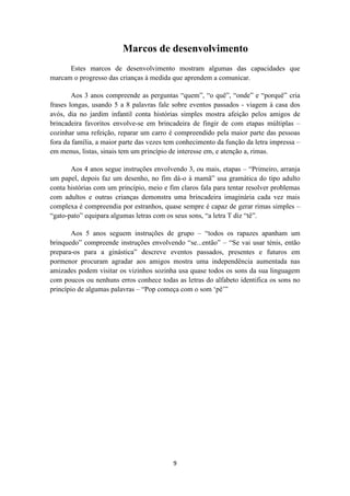 Marcos de desenvolvimento 
Estes marcos de desenvolvimento mostram algumas das capacidades que 
marcam o progresso das crianças à medida que aprendem a comunicar. 
Aos 3 anos compreende as perguntas “quem”, “o quê”, “onde” e “porquê” cria 
frases longas, usando 5 a 8 palavras fale sobre eventos passados - viagem à casa dos 
avós, dia no jardim infantil conta histórias simples mostra afeição pelos amigos de 
brincadeira favoritos envolve-se em brincadeira de fingir de com etapas múltiplas – 
cozinhar uma refeição, reparar um carro é compreendido pela maior parte das pessoas 
fora da família, a maior parte das vezes tem conhecimento da função da letra impressa – 
em menus, listas, sinais tem um princípio de interesse em, e atenção a, rimas. 
Aos 4 anos segue instruções envolvendo 3, ou mais, etapas – “Primeiro, arranja 
um papel, depois faz um desenho, no fim dá-o à mamã” usa gramática do tipo adulto 
conta histórias com um princípio, meio e fim claros fala para tentar resolver problemas 
com adultos e outras crianças demonstra uma brincadeira imaginária cada vez mais 
complexa é compreendia por estranhos, quase sempre é capaz de gerar rimas simples – 
“gato-pato” equipara algumas letras com os seus sons, “a letra T diz “tê”. 
Aos 5 anos seguem instruções de grupo – “todos os rapazes apanham um 
brinquedo” compreende instruções envolvendo “se...então” – “Se vai usar ténis, então 
prepara-os para a ginástica” descreve eventos passados, presentes e futuros em 
pormenor procuram agradar aos amigos mostra uma independência aumentada nas 
amizades podem visitar os vizinhos sozinha usa quase todos os sons da sua linguagem 
com poucos ou nenhuns erros conhece todas as letras do alfabeto identifica os sons no 
princípio de algumas palavras – “Pop começa com o som ‘pê’” 
9 
 
