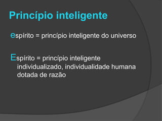 Princípio inteligente
espírito = princípio inteligente do universo

Espírito = princípio inteligente
  individualizado, individualidade humana
  dotada de razão
 