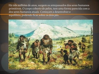 Há três milhões de anos, surgem os antepassados dos seres humanos
primitivos. O corpo coberto de pelos, tem uma forma parecida com a
dos seres humanos atuais. Começam a desenvolver o
equilíbrio, podendo ficar sobre os dois pés.
 