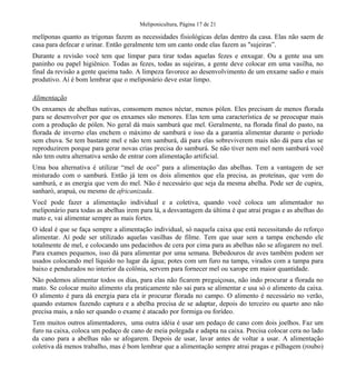Meliponicultura, Página 17 de 21

melíponas quanto as trigonas fazem as necessidades fisiológicas delas dentro da casa. Elas não saem de
casa para defecar e urinar. Então geralmente tem um canto onde elas fazem as "sujeiras”.
Durante a revisão você tem que limpar para tirar todas aquelas fezes e enxugar. Ou a gente usa um
paninho ou papel higiênico. Todas as fezes, todas as sujeiras, a gente deve colocar em uma vasilha, no
final da revisão a gente queima tudo. A limpeza favorece ao desenvolvimento de um enxame sadio e mais
produtivo. Aí é bom lembrar que o meliponário deve estar limpo.
Alimentação
Os enxames de abelhas nativas, consomem menos néctar, menos pólen. Eles precisam de menos florada
para se desenvolver por que os enxames são menores. Elas tem uma característica de se preocupar mais
com a produção de pólen. No geral dá mais samburá que mel. Geralmente, na florada final do pasto, na
florada de inverno elas enchem o máximo de samburá e isso da a garantia alimentar durante o período
sem chuva. Se tem bastante mel e não tem samburá, dá para elas sobreviverem mais não dá para elas se
reproduzirem porque para gerar novas crias precisa do samburá. Se não tiver nem mel nem samburá você
não tem outra alternativa senão de entrar com alimentação artificial.
Uma boa alternativa é utilizar “mel de oco” para a alimentação das abelhas. Tem a vantagem de ser
misturado com o samburá. Então já tem os dois alimentos que ela precisa, as proteínas, que vem do
samburá, e as energia que vem do mel. Não é necessário que seja da mesma abelha. Pode ser de cupira,
sanharó, arapuá, ou mesmo de africanizada.
Você pode fazer a alimentação individual e a coletiva, quando você coloca um alimentador no
meliponário para todas as abelhas irem para lá, a desvantagem da última é que atrai pragas e as abelhas do
mato e, vai alimentar sempre as mais fortes.
O ideal é que se faça sempre a alimentação individual, só naquela caixa que está necessitando do reforço
alimentar. Aí pode ser utilizado aquelas vasilhas de filme. Tem que usar sem a tampa enchendo ele
totalmente de mel, e colocando uns pedacinhos de cera por cima para as abelhas não se afogarem no mel.
Para exames pequenos, isso dá para alimentar por uma semana. Bebedouros de aves também podem ser
usados colocando mel líquido no lugar da água; potes com um furo na tampa, virados com a tampa para
baixo e pendurados no interior da colônia, servem para fornecer mel ou xarope em maior quantidade.
Não podemos alimentar todos os dias, para elas não ficarem preguiçosas, não indo procurar a florada no
mato. Se colocar muito alimento ela praticamente não sai para se alimentar e usa só o alimento da caixa.
O alimento é para dá energia para ela ir procurar florada no campo. O alimento é necessário no verão,
quando estamos fazendo captura e a abelha precisa de se adaptar, depois do terceiro ou quarto ano não
precisa mais, a não ser quando o exame é atacado por formiga ou forídeo.
Tem muitos outros alimentadores, uma outra idéia é usar um pedaço de cano com dois joelhos. Faz um
furo na caixa, coloca um pedaço de cano de meia polegada e adapta na caixa. Precisa colocar cera no lado
da cano para a abelhas não se afogarem. Depois de usar, lavar antes de voltar a usar. A alimentação
coletiva dá menos trabalho, mas é bom lembrar que a alimentação sempre atrai pragas e pilhagem (roubo)

 