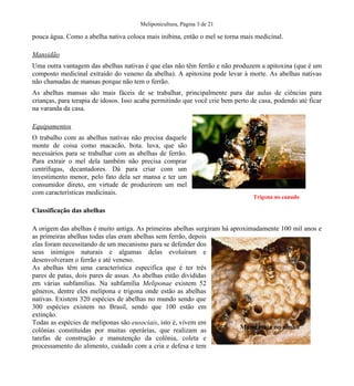 Meliponicultura, Página 3 de 21

pouca água. Como a abelha nativa coloca mais inibina, então o mel se torna mais medicinal.
Mansidão
Uma outra vantagem das abelhas nativas é que elas não têm ferrão e não produzem a apitoxina (que é um
composto medicinal extraído do veneno da abelha). A apitoxina pode levar à morte. As abelhas nativas
não chamadas de mansas porque não tem o ferrão.
As abelhas mansas são mais fáceis de se trabalhar, principalmente para dar aulas de ciências para
crianças, para terapia de idosos. Isso acaba permitindo que você crie bem perto de casa, podendo até ficar
na varanda da casa.
Equipamentos
O trabalho com as abelhas nativas não precisa daquele
monte de coisa como macacão, bota. luva, que são
necessários para se trabalhar com as abelhas de ferrão.
Para extrair o mel dela também não precisa comprar
centrífugas, decantadores. Dá para criar com um
investimento menor, pelo fato dela ser mansa e ter um
consumidor direto, em virtude de produzirem um mel
com características medicinais.

Trigona no canudo

Classificação das abelhas
A origem das abelhas é muito antiga. As primeiras abelhas surgiram há aproximadamente 100 mil anos e
as primeiras abelhas todas elas eram abelhas sem ferrão, depois
elas foram necessitando de um mecanismo para se defender dos
seus inimigos naturais e algumas delas evoluíram e
desenvolveram o ferrão e até veneno.
As abelhas têm uma característica especifica que é ter três
pares de patas, dois pares de assas. As abelhas estão divididas
em várias subfamílias. Na subfamília Meliponae existem 52
gêneros, dentre eles melípona e trigona onde estão as abelhas
nativas. Existem 320 espécies de abelhas no mundo sendo que
300 espécies existem no Brasil, sendo que 100 estão em
extinção.
Todas as espécies de meliponas são eusociais, isto é, vivem em
Mandasaia no ninho
colônias constituídas por muitas operárias, que realizam as
tarefas de construção e manutenção da colônia, coleta e
processamento do alimento, cuidado com a cria e defesa e tem

 