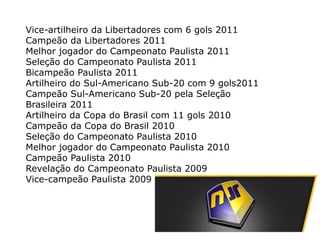 Vice-artilheiro da Libertadores com 6 gols 2011
Campeão da Libertadores 2011
Melhor jogador do Campeonato Paulista 2011
Seleção do Campeonato Paulista 2011
Bicampeão Paulista 2011
Artilheiro do Sul-Americano Sub-20 com 9 gols2011
Campeão Sul-Americano Sub-20 pela Seleção
Brasileira 2011
Artilheiro da Copa do Brasil com 11 gols 2010
Campeão da Copa do Brasil 2010
Seleção do Campeonato Paulista 2010
Melhor jogador do Campeonato Paulista 2010
Campeão Paulista 2010
Revelação do Campeonato Paulista 2009
Vice-campeão Paulista 2009
 