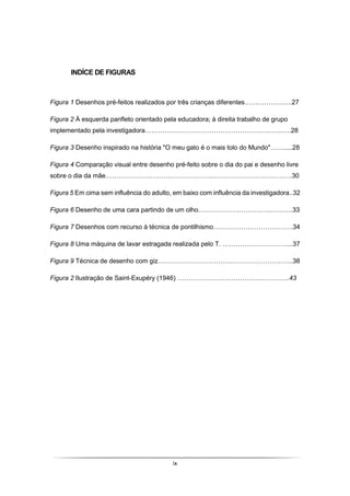 ix
INDÍCE DE FIGURAS
Figura 1 Desenhos pré-feitos realizados por três crianças diferentes………………….27
Figura 2 À esquerda panfleto orientado pela educadora; à direita trabalho de grupo
implementado pela investigadora……………………………………………………….….28
Figura 3 Desenho inspirado na história "O meu gato é o mais tolo do Mundo"…….....28
Figura 4 Comparação visual entre desenho pré-feito sobre o dia do pai e desenho livre
sobre o dia da mãe………………………….……………….……………………………….30
Figura 5 Em cima sem influência do adulto, em baixo com influência da investigadora..32
Figura 6 Desenho de uma cara partindo de um olho…………………………….……….33
Figura 7 Desenhos com recurso à técnica de pontilhismo……………………………….34
Figura 8 Uma máquina de lavar estragada realizada pelo T. …………………………...37
Figura 9 Técnica de desenho com giz…………………………….………………………..38
Figura 2 Ilustração de Saint-Exupéry (1946) …………………………………………….43
 
