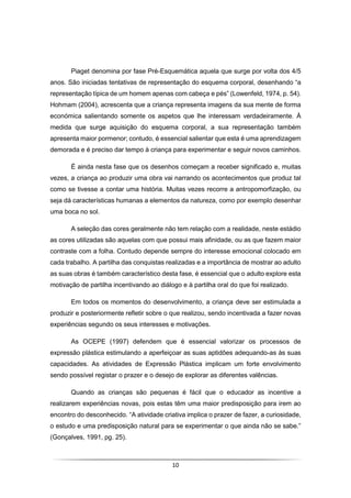 10
Piaget denomina por fase Pré-Esquemática aquela que surge por volta dos 4/5
anos. São iniciadas tentativas de representação do esquema corporal, desenhando “a
representação típica de um homem apenas com cabeça e pés” (Lowenfeld, 1974, p. 54).
Hohmam (2004), acrescenta que a criança representa imagens da sua mente de forma
económica salientando somente os aspetos que lhe interessam verdadeiramente. À
medida que surge aquisição do esquema corporal, a sua representação também
apresenta maior pormenor; contudo, é essencial salientar que esta é uma aprendizagem
demorada e é preciso dar tempo à criança para experimentar e seguir novos caminhos.
É ainda nesta fase que os desenhos começam a receber significado e, muitas
vezes, a criança ao produzir uma obra vai narrando os acontecimentos que produz tal
como se tivesse a contar uma história. Muitas vezes recorre a antropomorfização, ou
seja dá características humanas a elementos da natureza, como por exemplo desenhar
uma boca no sol.
A seleção das cores geralmente não tem relação com a realidade, neste estádio
as cores utilizadas são aquelas com que possui mais afinidade, ou as que fazem maior
contraste com a folha. Contudo depende sempre do interesse emocional colocado em
cada trabalho. A partilha das conquistas realizadas e a importância de mostrar ao adulto
as suas obras é também característico desta fase, é essencial que o adulto explore esta
motivação de partilha incentivando ao diálogo e à partilha oral do que foi realizado.
Em todos os momentos do desenvolvimento, a criança deve ser estimulada a
produzir e posteriormente refletir sobre o que realizou, sendo incentivada a fazer novas
experiências segundo os seus interesses e motivações.
As OCEPE (1997) defendem que é essencial valorizar os processos de
expressão plástica estimulando a aperfeiçoar as suas aptidões adequando-as às suas
capacidades. As atividades de Expressão Plástica implicam um forte envolvimento
sendo possível registar o prazer e o desejo de explorar as diferentes valências.
Quando as crianças são pequenas é fácil que o educador as incentive a
realizarem experiências novas, pois estas têm uma maior predisposição para irem ao
encontro do desconhecido. “A atividade criativa implica o prazer de fazer, a curiosidade,
o estudo e uma predisposição natural para se experimentar o que ainda não se sabe.”
(Gonçalves, 1991, pg. 25).
 