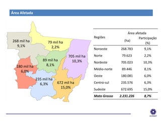 Área Afetada



                                                                    Área afetada
                                                  Regiões                  Participação
   268 mil ha                                                     (ha)
                         79 mil ha                                              (%)
     9,1%                  2,2%                   Noroeste      268.783       9,1%

                                     705 mil ha   Norte          79.623       2,2%
                      89 mil ha        10,3%      Nordeste      705.023       10,3%
     180 mil ha         8,1%
                                                  Médio-norte    89.446       8,1%
       6,0%
                                                  Oeste         180.081       6,0%
                  235 mil ha
                    6,3%       672 mil ha         Centro-sul    235.576       6,3%
                                 15,0%            Sudeste       672.695       15,0%
                                                  Mato Grosso   2.231.226     8,7%



______________________________________________________________
 