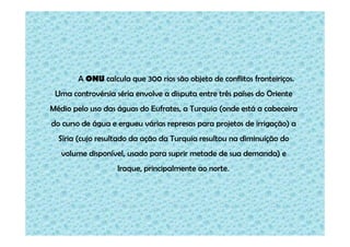A ONU calcula que 300 rios são objeto de conflitos fronteiriços.
Uma controvérsia séria envolve a disputa entre três países do Oriente
Médio pelo uso das águas do Eufrates, a Turquia (onde está a cabeceira
do curso de água e ergueu várias represas para projetos de irrigação) a
Síria (cujo resultado da ação da Turquia resultou na diminuição do
volume disponível, usado para suprir metade de sua demanda) e
Iraque, principalmente ao norte.

 