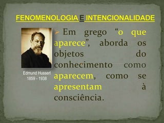  Em grego “o que
aparece”, aborda os
objetos do
conhecimento como
aparecem, como se
apresentam à
consciência.
Edmund Husserl
1859 - 1938
 