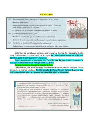 CRONOLOGIA

Logo que os castelhanos vencidos regressaram a Castela foi necessário decidir
sobre quem deveria ocupar o trono de Portugal. As Cortes reuniram-se em 1385, em
Coimbra, para decidir quem deveria reinar.
Quem representou os burgueses foi o Dr. João das Regras, a favor do Mestre de
Avis, que foi aclamado rei de Portugal como D. João I.
Inicia-se uma nova dinastia, a dinastia de Avis.
Descontentes com estas decisões, os castelhanos voltam a invadir Portugal. Foram
derrotados em várias batalhas. Em Aljubarrota, D. Nuno Álvares Pereira dispôs o seu
exército em quadrado. Os castelhanos, desorientados, retiraram-se.

 