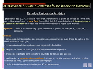 AS RESPOSTAS À CRISE: A INTERVENÇÃO DO ESTADO NA ECONOMIA diminuir o desemprego para aumentar o poder de compra e, como tal, o consumo. Estados Unidos da América Objetivos: Medidas:    concessão de indenizações aos agricultores que reduziram as suas áreas de cultivo a fim de diminuírem a produção;    concessão de créditos agrícolas para pagamento de dívidas;    fixação dos níveis de produção e dos preços de venda ao público;    criação de legislação para controlar a atividade da Bolsa e dos Bancos;    realização de  grandes obras públicas   (barragens, canais, escolas, estradas, pontes, caminhos-de-ferro…) para combater o desemprego;    diminuição do horário de trabalho para 40 horas semanais; O presidente dos E.U.A., Franklin Roosevelt, incrementou, a partir de inícios de 1933, uma nova política econômica, o  New Deal  (Nova Distribuição), que defendia o  intervencionismo do Estado na economia  baseada nas teorias do economicista inglês John Keynes. 