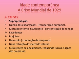 2- CAUSAS : Superprodução. Queda das exportações  (recuperação européia). Mercado interno insuficiente ( concentração de renda) Excedentes Prejuízos Demissão ( contenção de despesas) Nova retração do mercado interno Ciclo repete-se anualmente, reduzindo lucros e ações das empresas. 