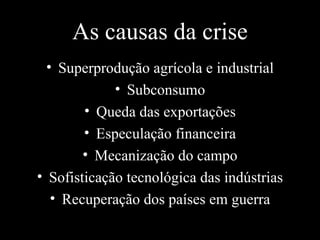 As causas da crise Superprodução agrícola e industrial Subconsumo Queda das exportações Especulação financeira Mecanização do campo Sofisticação tecnológica das indústrias Recuperação dos países em guerra 