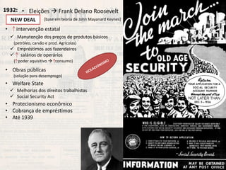 1932: 
•Eleições  Frank Delano Roosevelt 
• intervenção estatal 
•Obras públicas 
•Welfare State 
•Protecionismo econômico 
•Cobrança de empréstimos 
•Até 1939 
NEW DEAL 
Manutenção dos preços de produtos básicos 
Empréstimos aos fazendeiros 
 salários de operários 
(petróleo, carvão e prod. Agrícolas) 
( poder aquisitivo  consumo) 
(solução para desemprego) 
Melhorias dos direitos trabalhistas 
Social Security Act 
[base em teoria de John Mayanard Keynes] 