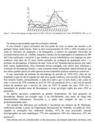 Figura 7 – Taxa de desemprego em alguns países de 1920 a 1938 em % da população ativa. Fonte: MADDISON, 1981, op. cit.
Os números apresentados aqui são avaliações mínimas.
O caso francês é quase caricatural sob esse ponto de vista: os dados são incertos e, de
qualquer forma, muito baixos. Entre os dois recenseamentos de 1931 e 1936, levando-se em
conta as variações da imigração e da demografia, o número de empregos oferecidos na
economia baixou mais de 1 milhão, enquanto o número de desempregados só aumentou em 500
mil! Uma explicação verossímil é que inúmeros jovens trabalhadores sem emprego ou, pelo
contrário, com mais de 55 anos, foram excluídos da contagem da população ativa – e,
portanto, do desemprego. A hipótese de uma “volta ao lar” feminina maciça parece, por outro
lado, menos fundamentada. Dois elementos teriam conjugado seus efeitos para minimizar a
avaliação do desemprego francês: a uma economia menos nitidamente industrializada do que
nos outros grandes países do entre-guerras teriam respondido práticas estatísticas restritivas.
O que surpreende no aumento do desemprego no período de 1929-1932, além de sua
amplitude, é que ele não é seguido por uma nova queda simétrica, com exceção da Alemanha.
Nos Estados Unidos, principalmente, a onda leva tudo o que vê pela frente e não acaba de
todo: o mínimo de 1936 continua no nível de 10% da população ativa, o que está na mesma
ordem de grandeza que o máximo da crise de 1921! O mundo dos anos 1930 vive a
manutenção de grandes taxas de desemprego: o triste privilégio inglês dos anos 1920 se
generaliza.
As médias nacionais compensam as grandes disparidades. Há uma geografia do
desemprego. Bastará um exemplo aqui, o da Grã-Bretanha, cujo norte, de longa data
industrializado (Manchester, Newcastle...), é muito mais atingido do que o sul,
predominantemente rural.
Um exemplo das diferenças por profissão é encontrado nos números de W. Woytinski,
sindicalista alemão e perito da Organização Internacional do Trabalho: em junho de 1932,
segundo as avaliações dos sindicatos alemães, 47% de seus associados estavam
desempregados no setor metalúrgico, 77% dos carpinteiros, 50% dos vidraceiros, 33% dos
químicos2...
Uma última série de considerações se faz necessária: da redução autoritária de horas, com
 