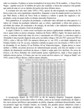 subir as cotações. O pânico se torna irremediável na terça-feira 29 de outubro – a Terça-Feira
Negra – quando cerca de 16 milhões de ações são vendidas: a baixa das cotações é tão grande
que anula de uma só vez as rápidas elevações dos doze últimos meses.
A evolução dos três anos entre 1929 e 1932, apesar de não-originada em rupturas de 24
horas como esta, seria igualmente catastrófica. Enquanto o resto do mundo perdia seu interesse
por Wall Street, a Bolsa de Nova York se limitava a refletir a queda dos negócios e da
produção, como em quase todos os demais mercados financeiros.
Para quantificar as variações da produção, o indicador mais utilizado no entre-guerras é o
índice do volume da produção industrial, que se refere, suprimindo o efeito dos preços, à
atividade das minas, da construção e da energia, de um lado, e das indústrias manufatureiras
de outro (bens de consumo e bens de produção).
A seguir (Tabela 1), vemos essas oscilações nos países regularmente estudados na época,
isto é, quase todos os países europeus, América do Norte, URSS e Japão. Na maior parte dos
casos, o máximo observado antes da crise é encontrado em 1929 (que é o ano-base aqui); a
Alemanha é uma exceção digna de nota, pois seu índice chega a 102 em 1927, passa por 99 em
1928 e volta a 100 em 1929. Os números falam por si: em 1932, a atividade industrial nos
Estados Unidos é de 54, ou seja, reduzida à metade ou quase isso em relação a 1929; é de 53
na Alemanha, 61 na Áustria, 63 na Polônia, 64 na Tchecoslováquia... Alguns países se saem
melhor: a URSS, em pleno processo de industrialização pesada, está fora do mundo e é um
símbolo do dinamismo socialista da época; o Japão a segue após leve declínio. Os casos da
Grécia e da Nova Zelândia são relativamente pouco significativos, dado o fraco papel da
indústria nesses países. A França, por sua vez, acusa um leve atraso e só “chega ao fundo” em
1935, como os Países Baixos, embora menos afetados.
Tabela 1 – Oscilação da produção industrial em diferentes países (1929 = 100)
País / Ano 1930 1931 1932 1933 1934 1935 1936 1937 1938
África: União sul-africana 107 100 124 144 167
América: Canadá 85 71 58 60 73 81 90 100 90
Estados Unidos 81 68 54 64 66 76 88 92 72
Chile 101 78 87 96 105 120 124 132 137
México 106 134 141 147
Ásia:Japão 95 92 98 113 128 142 151 171 73
Europa:Alemanha 88 72 58 65 83 95 106 116 124
Áustria 85 70 61 63 70 80 86 103
Bélgica 89 81 69 72 73 82 87 96 80
Bulgária 148 143 155
Dinamarca 108 100 91 105 117 125 130 136 135
Espanha 99 93 88 84 85 87
Estônia 99 91 78 82 96 106 120 139 145
Finlândia 91 80 83 96 117 125 139 156 156
França 100 89 77 83 78 76 80 83 79
Grécia 103 107 101 110 125 141 139 151 165
Hungria 95 87 82 88 99 107 118 130 126
Irlanda 102 143 146
Itália 92 78 67 74 80 94 87 100 98
Letônia 109 89 82 112 130 137 143 161 175
Noruega 101 78 93 94 98 108 118 130 127
Países Baixos 102 96 84 91 93 90 91 103 104
Polônia 88 77 63 69 77 83 93 109 118
Romênia 97 102 89 103 124 122 130 132 132
Reino Unido 92 84 83 88 99 106 116 124 116
Suécia 102 96 89 91 110 123 135 149 146
Tchecoslováquia 89 81 64 60 67 70 80 96
URSS 131 161 183 198 238 193 382 424 477
Oceania:Nova Zelândia 106 104 109 113 112 121 129 126
Mundo(sem a URSS) 86 75 64 72 78 86 96 104 93
Mundo(com a URSS) 89 79 70 78 86 96 111 119 112
A recuperação depois de 1932-1933 se dá de maneira dispersa. Enquanto algumas
indústrias são logo recolocadas sobre os trilhos, como as da Europa setentrional, do Japão e
dos raros países periféricos apresentados na tabela, algumas continuam desaceleradas, como
em primeiro lugar nos Estados Unidos, no Canadá, nos grandes países industriais como a
Alemanha, apesar da mobilização nazista, na França e nas demais nações européias
 