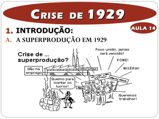 1.1. INTRODUÇÃO:INTRODUÇÃO:
A. A SUPERPRODUÇÃO EM 1929
CCRISE DERISE DE 19291929
AULA 14AULA 14
 