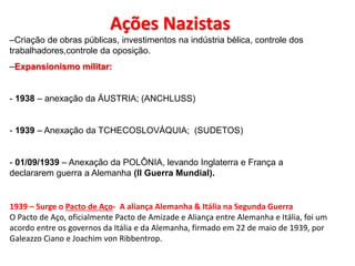 Ações Nazistas
–Criação de obras públicas, investimentos na indústria bélica, controle dos
trabalhadores,controle da oposição.
–Expansionismo militar:
- 1938 – anexação da ÁUSTRIA; (ANCHLUSS)
- 1939 – Anexação da TCHECOSLOVÁQUIA; (SUDETOS)
- 01/09/1939 – Anexação da POLÔNIA, levando Inglaterra e França a
declararem guerra a Alemanha (II Guerra Mundial).
1939 – Surge o Pacto de Aço- A aliança Alemanha & Itália na Segunda Guerra
O Pacto de Aço, oficialmente Pacto de Amizade e Aliança entre Alemanha e Itália, foi um
acordo entre os governos da Itália e da Alemanha, firmado em 22 de maio de 1939, por
Galeazzo Ciano e Joachim von Ribbentrop.
 