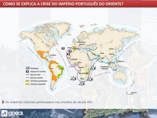 O IMPÉRIO PORTUGUÊS E A CONCORRÊNCIA INTERNACIONAL
Os impérios coloniais peninsulares nos meados do século XVI.
COMO SE EXPLICA A CRISE DO IMPÉRIO PORTUGUÊS DO ORIENTE?
 