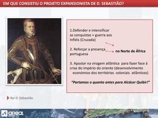 O IMPÉRIO PORTUGUÊS E A CONCORRÊNCIA INTERNACIONAL
1.Defender e intensificar
as conquistas + guerra aos
Infiéis (Cruzada)
2. Reforçar a presença
portuguesa
3. Apostar na viragem atlântica para fazer face à
crise do império do oriente (desenvolvimento
económico dos territórios coloniais atlânticos)
“Partamos o quanto antes para Alcácer Quibir!”
EM QUE CONSISTIU O PROJETO EXPANSIONISTA DE D. SEBASTIÃO?
Rei D. Sebastião
no Norte de África
 