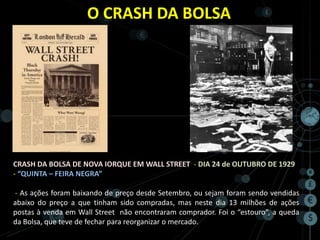 O CRASH DA BOLSA




CRASH DA BOLSA DE NOVA IORQUE EM WALL STREET - DIA 24 de OUTUBRO DE 1929
- “QUINTA – FEIRA NEGRA”

- As ações foram baixando de preço desde Setembro, ou sejam foram sendo vendidas
abaixo do preço a que tinham sido compradas, mas neste dia 13 milhões de ações
postas à venda em Wall Street não encontraram comprador. Foi o “estouro”, a queda
da Bolsa, que teve de fechar para reorganizar o mercado.
 