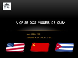 A CRISE DOS MÍSSEIS DE CUBA


     Anos: 1959 – 1962
     Envolvidos: E.U.A ; U.R.S.S ; Cuba.
 