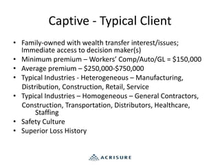 Captive - Typical Client
• Family-owned with wealth transfer interest/issues;
Immediate access to decision maker(s)
• Minimum premium – Workers’ Comp/Auto/GL = $150,000
• Average premium – $250,000-$750,000
• Typical Industries - Heterogeneous – Manufacturing,
Distribution, Construction, Retail, Service
• Typical Industries – Homogeneous – General Contractors,
Construction, Transportation, Distributors, Healthcare,
Staffing
• Safety Culture
• Superior Loss History
 
