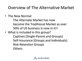 Overview of The Alternative Market
• The New Normal
The Alternate Market has now
become the Traditional Market as over
50% of US business is now in it!!
• What is included in this group?
Captives (Single-Parent and Groups)
Self-Insurance (Groups and Individuals)
Risk-Retention Groups
Others
 