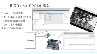 目玉(1) Intel FPGAの導入
11
vsA0[1-9]
✓ vsA0[1-9]で利用可能
✓ ツールはvs[1-6]00でも利用可
✓ SignalTapで内部を観測
✓ UARTでホストと通信
詳細はこの後の講演で
 