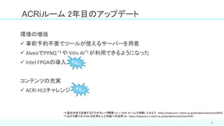 ACRiルーム 2年目のアップデート
環境の増強
✓ 事前予約不要でツールが使えるサーバーを用意
✓ AlveoでPYNQ *4 や Vitis AI*5 が利用できるようになった
✓ Intel FPGAの導入
コンテンツの充実
✓ ACRi HLSチャレンジ
9
*4 高位合成で加速するアクセラレータ開発 (1) ～ ACRi ルームで体験してみよう - https://www.acri.c.titech.ac.jp/wordpress/archives/8355
*5 広がり続ける FPGA の応用と人工知能への活用 (4) - https://www.acri.c.titech.ac.jp/wordpress/archives/7041
 