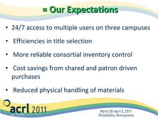 = Our Expectations 24/7 access to multiple users on three campuses Efficiencies in title selection More reliable consortial inventory control Cost savings from shared and patron driven  purchases Reduced physical handling of materials 