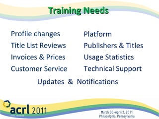 Training Needs Profile changes Title List Reviews Invoices & Prices Customer Service Platform  Publishers & Titles Usage Statistics Technical Support Updates  &  Notifications 