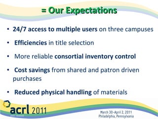 = Our Expectations 24/7 access to multiple users  on three campuses Efficiencies  in title selection More reliable  consortial inventory control Cost savings  from shared and patron driven  purchases Reduced physical handling  of materials 