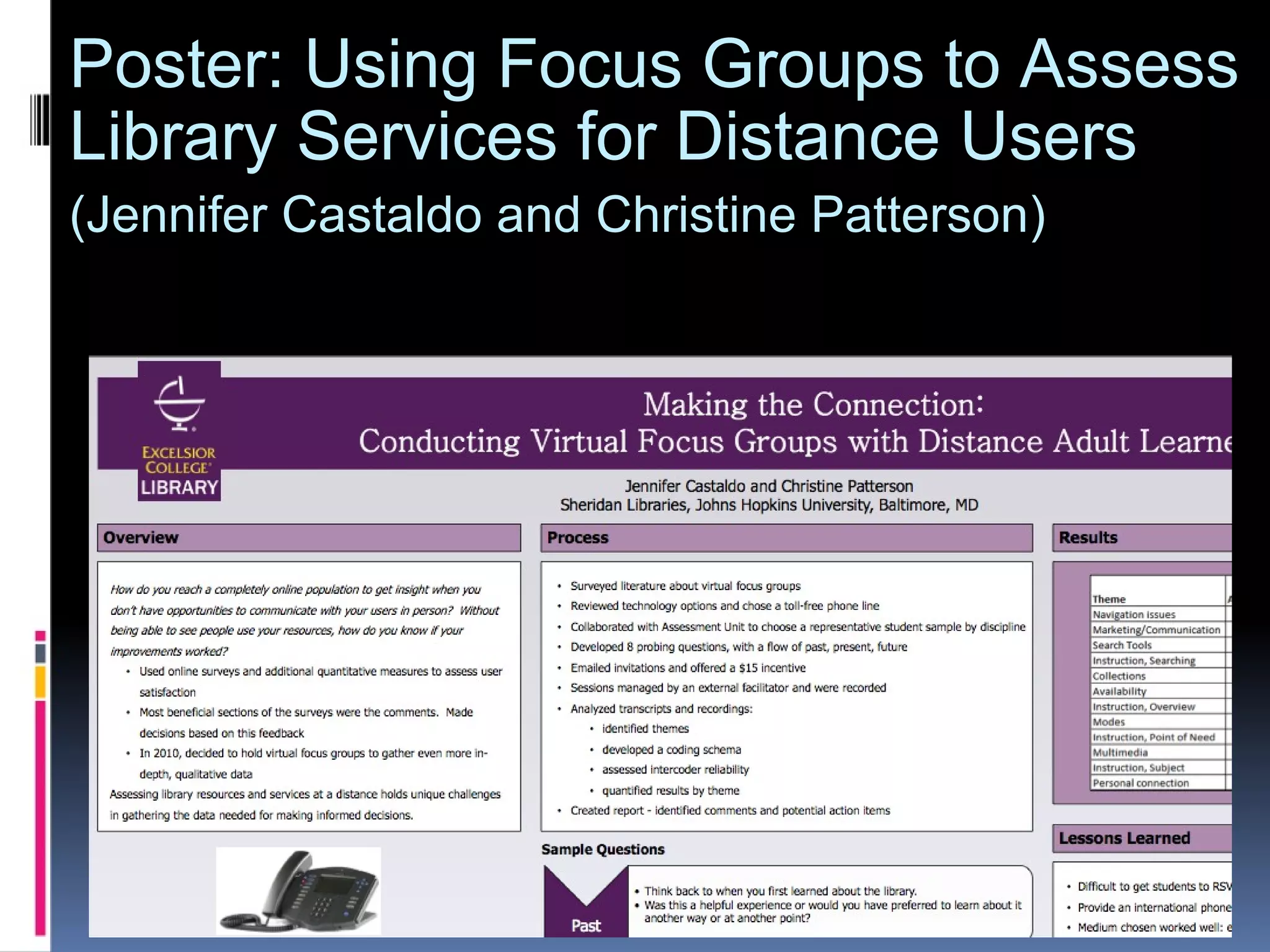 Poster: Using Focus Groups to Assess Library Services for Distance Users  (Jennifer Castaldo and Christine Patterson)   
