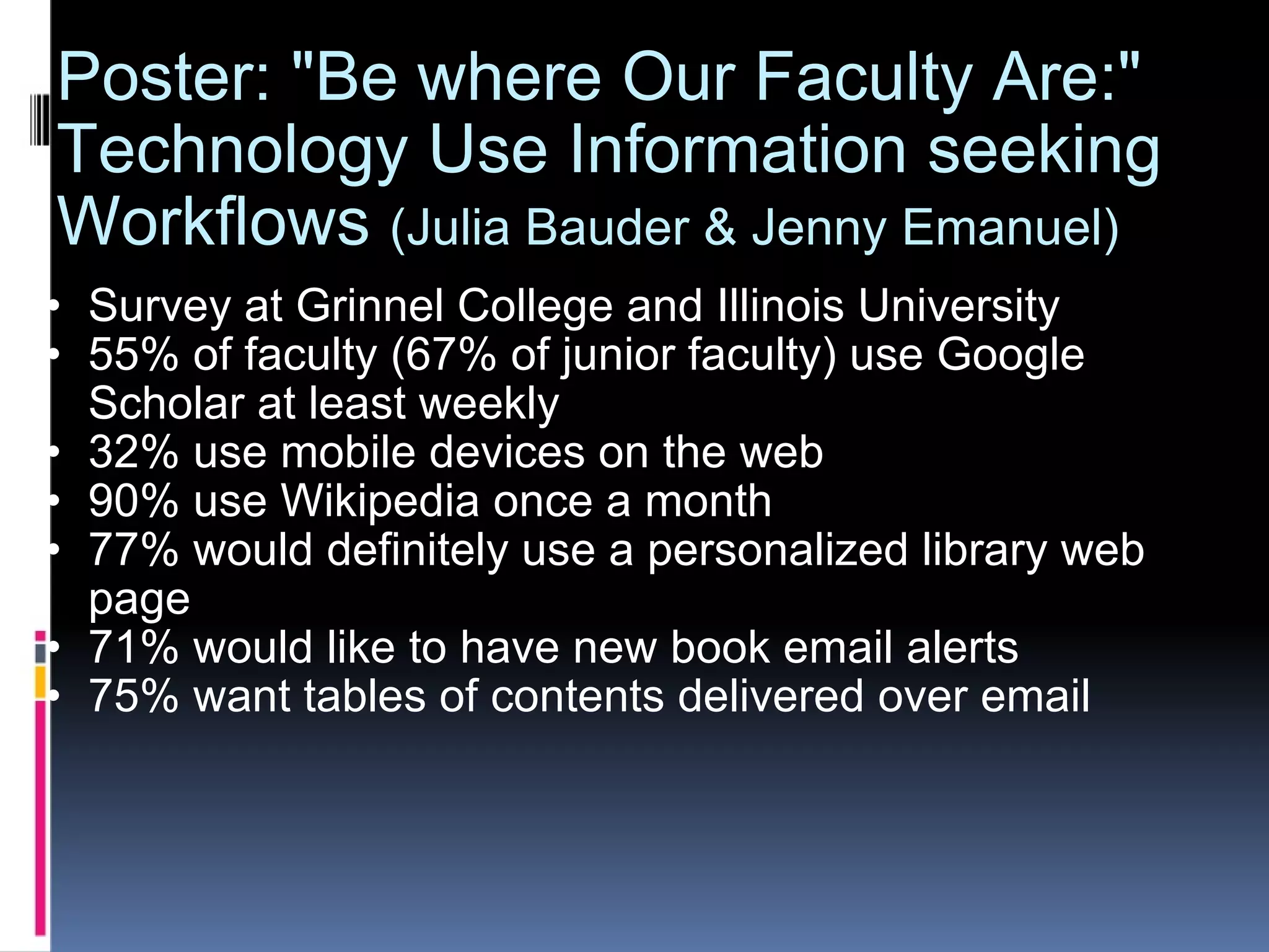 Poster: "Be where Our Faculty Are:" Technology Use Information seeking Workflows  (Julia Bauder & Jenny Emanuel)  Survey at Grinnel College and Illinois University  55% of faculty (67% of junior faculty) use Google Scholar at least weekly  32% use mobile devices on the web  90% use Wikipedia once a month  77% would definitely use a personalized library web page  71% would like to have new book email alerts  75% want tables of contents delivered over email  