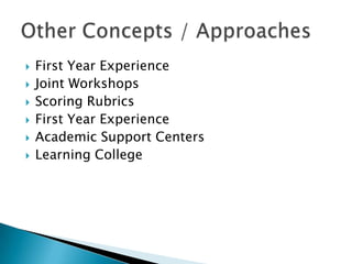 







First Year Experience
Joint Workshops
Scoring Rubrics
First Year Experience
Academic Support Centers
Learning College

 